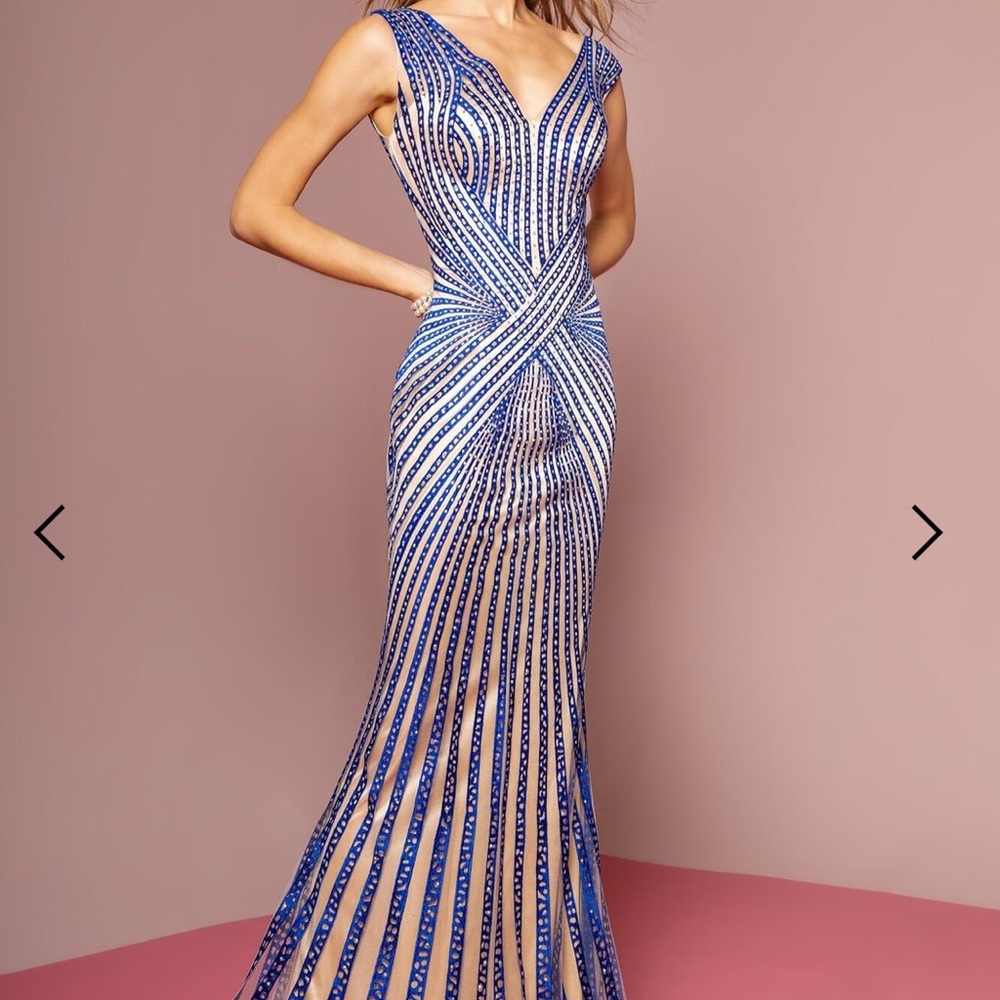 Elegant Blue and White Striped Evening Gown
